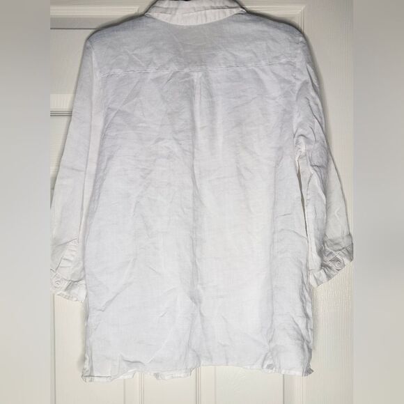 August Silk Options M White V-neck 100% LINEN 3/4Sleeve Embroidered Women Shirt - Picture 7 of 7